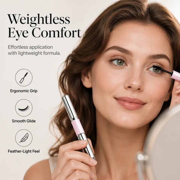 Woman applying the dual-ended mascara with the product's lightweight feel highlighted