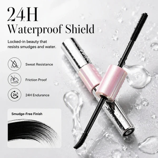 Supplied product graphic highlighting waterproof, smudge-resistant wear and a 24-hour claim