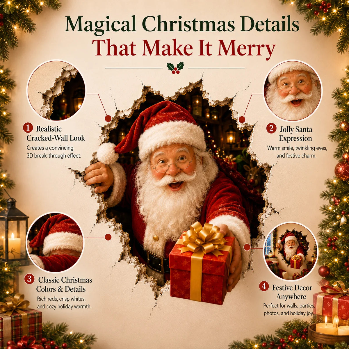 🎅Santa’s Surprise 3D Christmas Wall Decal | A Fun Holiday Touch for Your Home