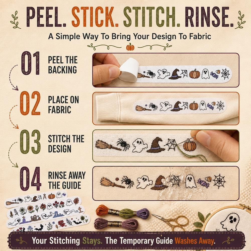 🎃7-Packs Halloween Water-Soluble Stick and Stitch Embroidery Stickers