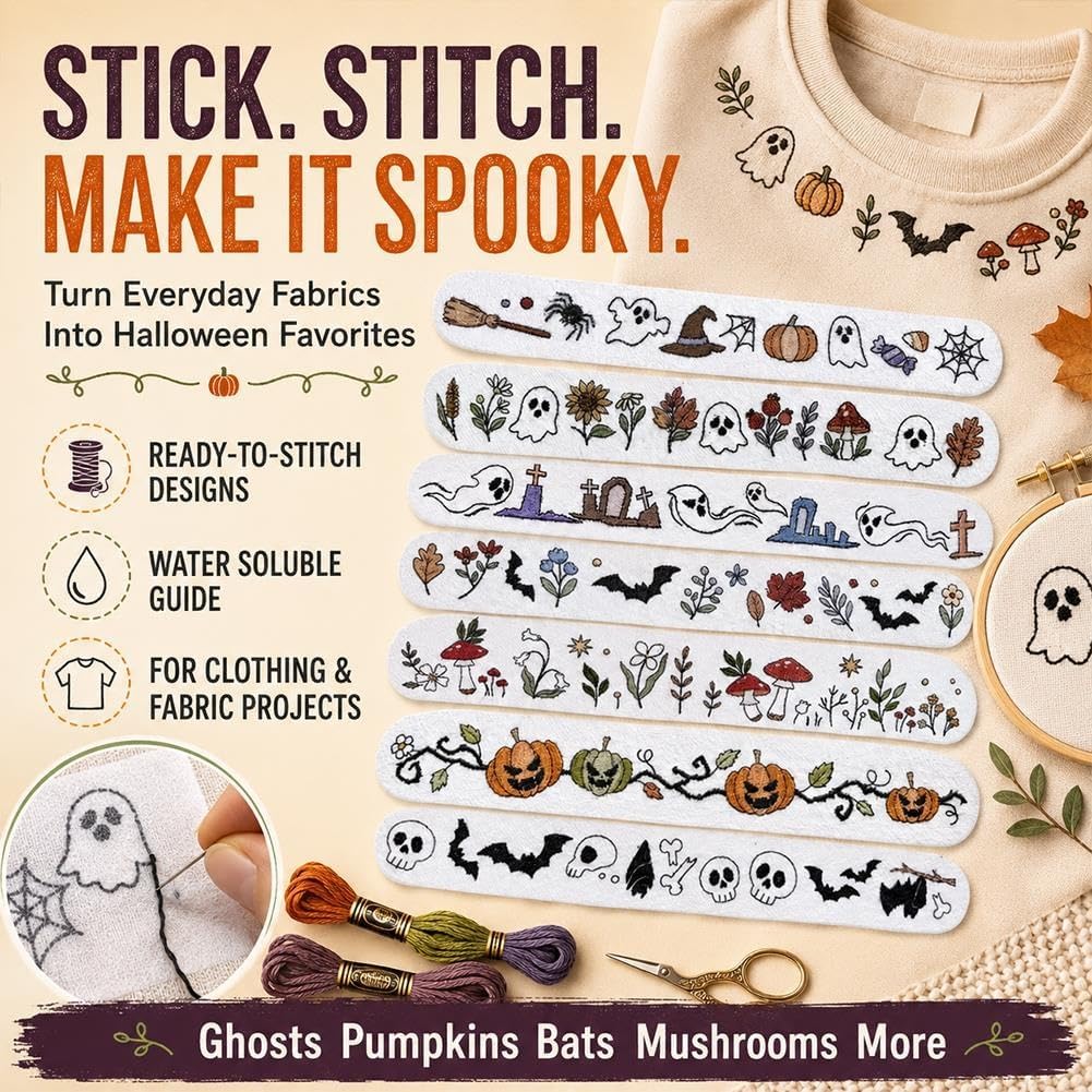 🎃7-Packs Halloween Water-Soluble Stick and Stitch Embroidery Stickers