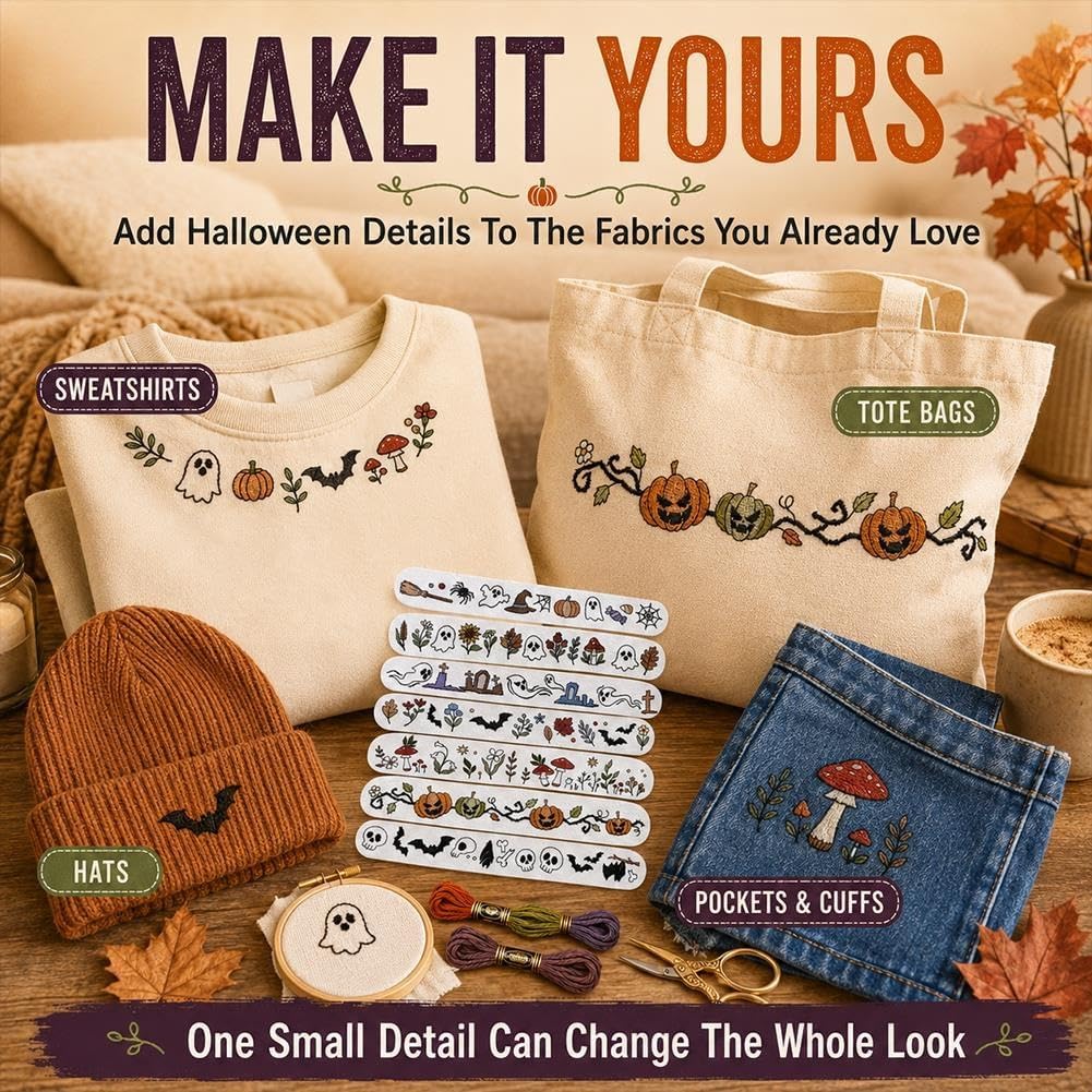 🎃7-Packs Halloween Water-Soluble Stick and Stitch Embroidery Stickers
