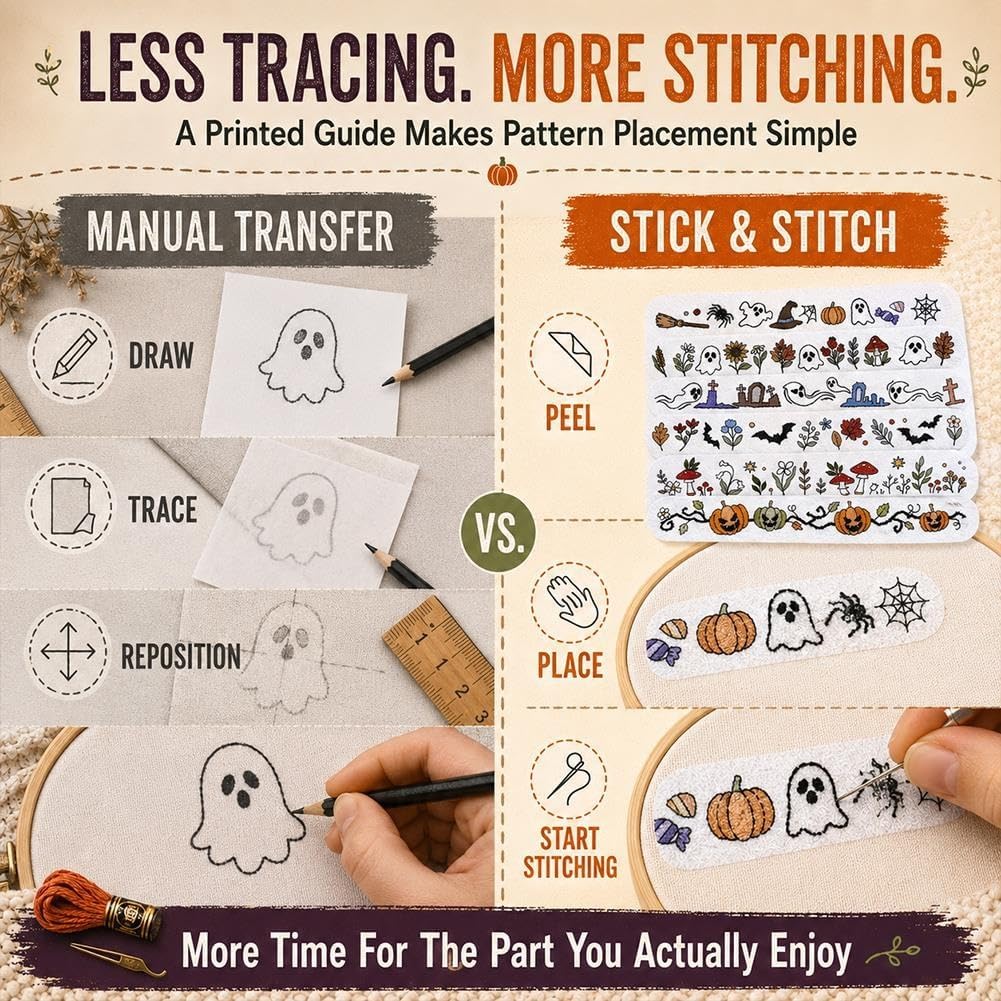 🎃7-Packs Halloween Water-Soluble Stick and Stitch Embroidery Stickers