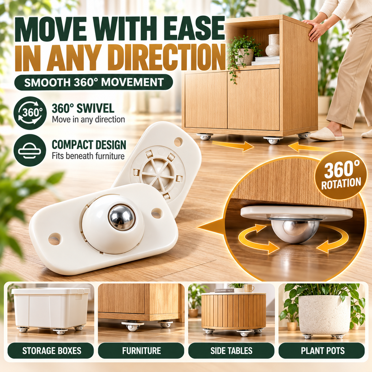 Move Anything Instantly!No-Lift 360° Stick-On Furniture Wheels（8Pcs）