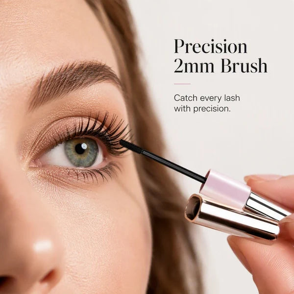 Close-up of the fine 2mm mascara brush defining small lashes
