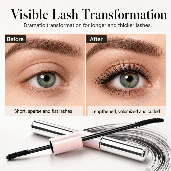Mascara before-and-after visual showing a fuller, longer-looking lash finish
